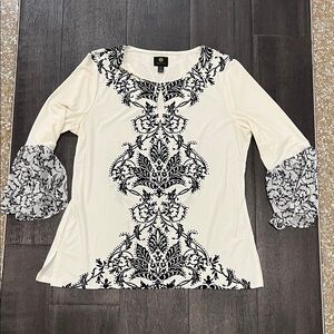 JM Collection Ivory Long-Sleeve Top with Black Scroll Print
